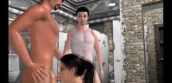  Tatsy 3D brunette has group sex in the bathroom